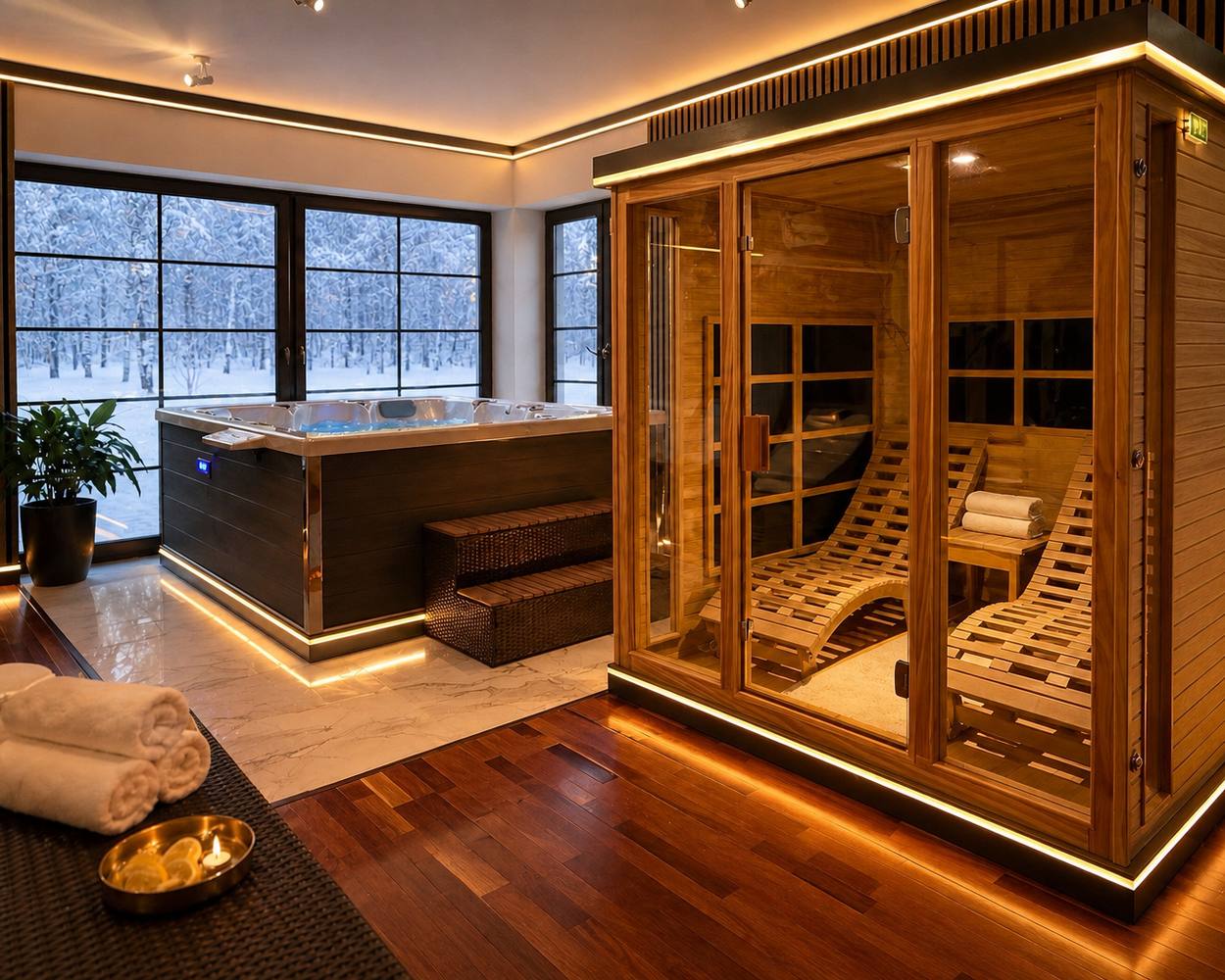 Sauna infrared z zimowym widokiem za oknem