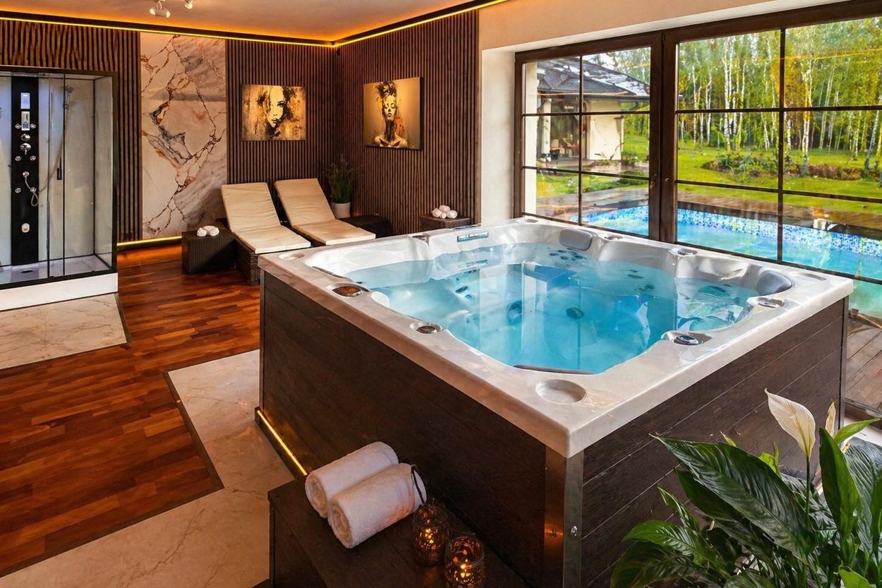 Strefa SPA — jacuzzi dla sześciu osób, kabina parowa i widok na podgrzewany basen
